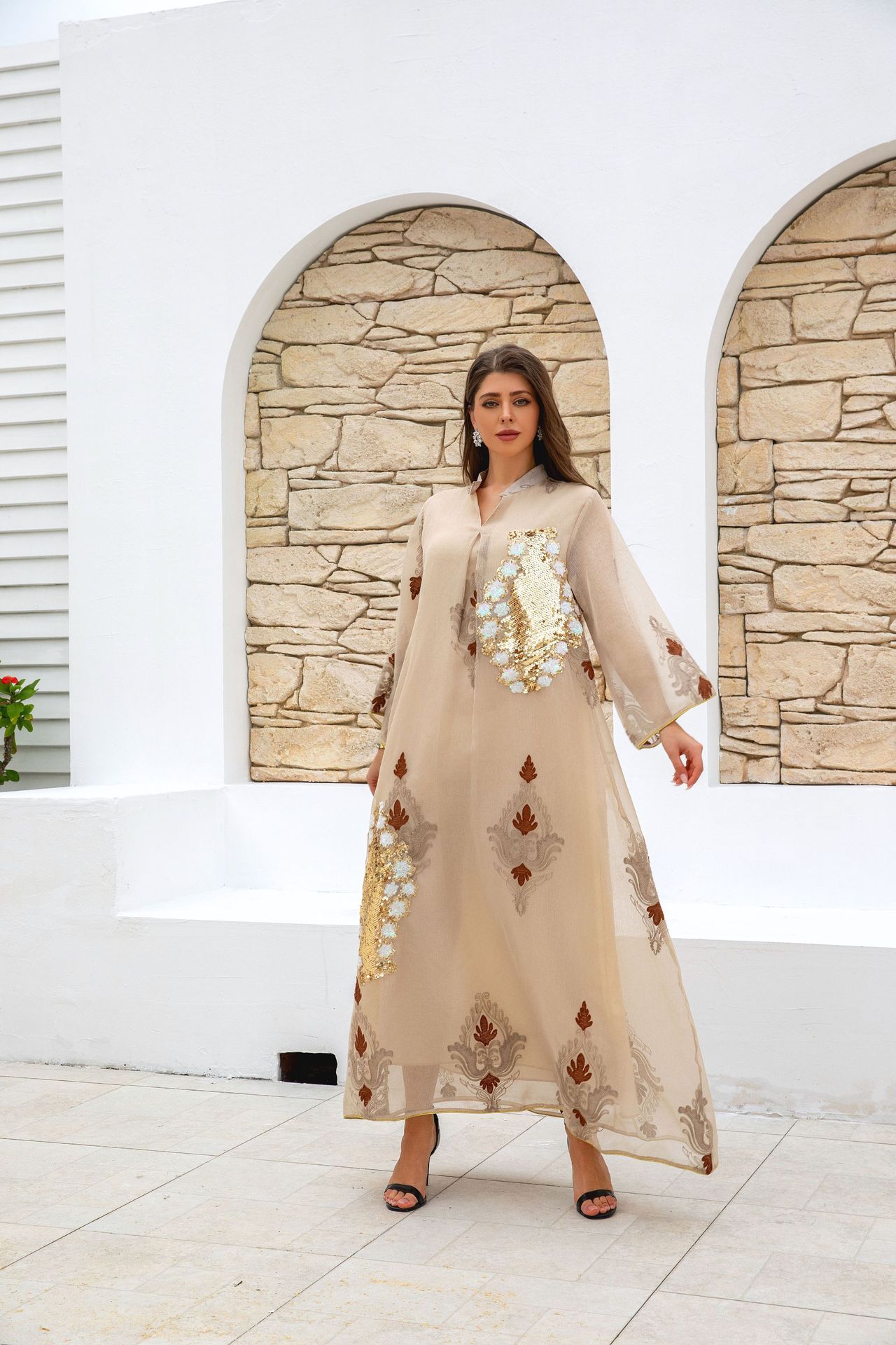 ZD044 Middle East Cross-border E-commerce Bestseller Women's Muslim Dress Sequin Embroidered Arab Robe_ecoleips.com