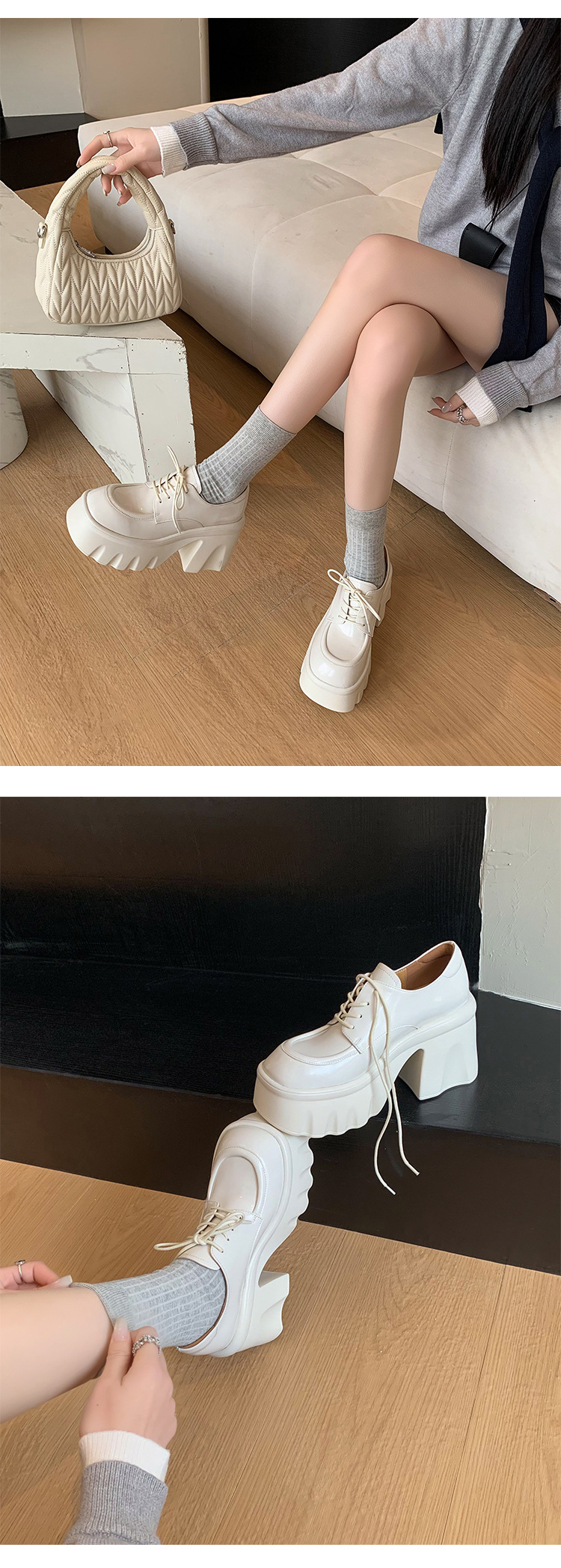 Giày loafer nữ đế xuồng platform gót vuông dây buộc da thật — màu đen, màu trắng ngà chi tiết 7
