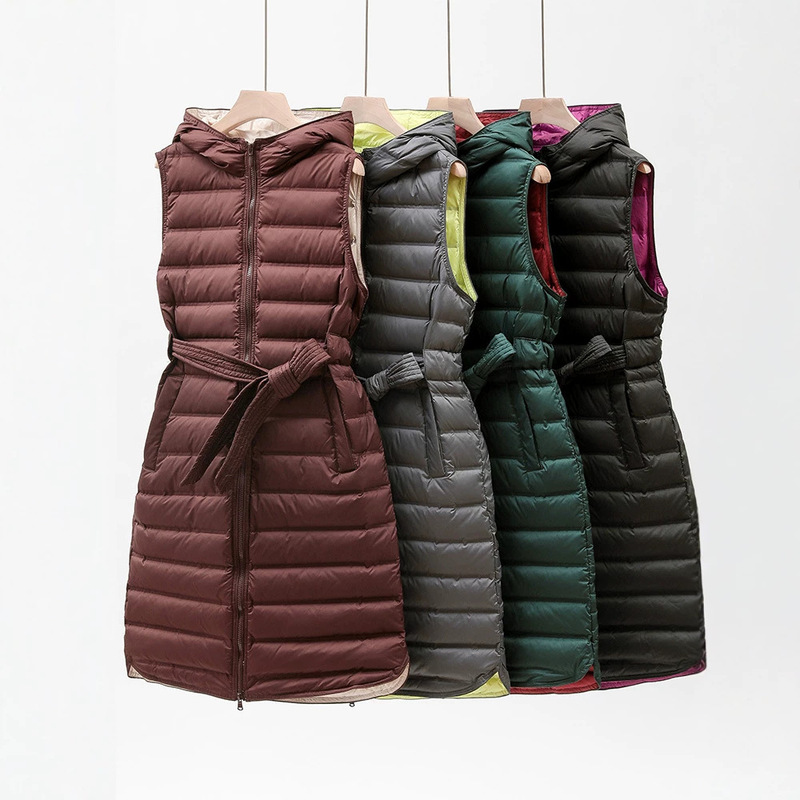 Seamless Fabric 2025 Autumn and Winter Lightweight down Vest Women's Long Hooded Over-The-Knee Waist Slimming Contrast Color Vest Seamless Fabric 2025 Autumn and Winter Lightweight down Vest Women's Long Hooded Over-The-Knee Waist Slimming Contrast Color Vest