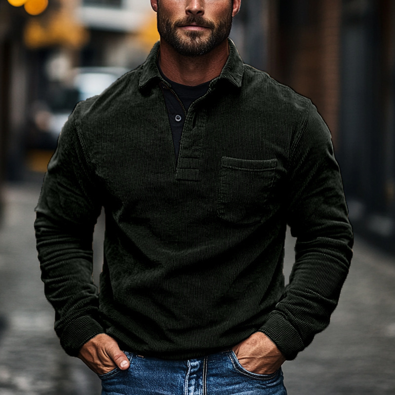 Los músculos locos otoño y invierno nuevos hombres retro bolsillo de botón de terciopelo de color sólido casual de manga larga polo para hombres