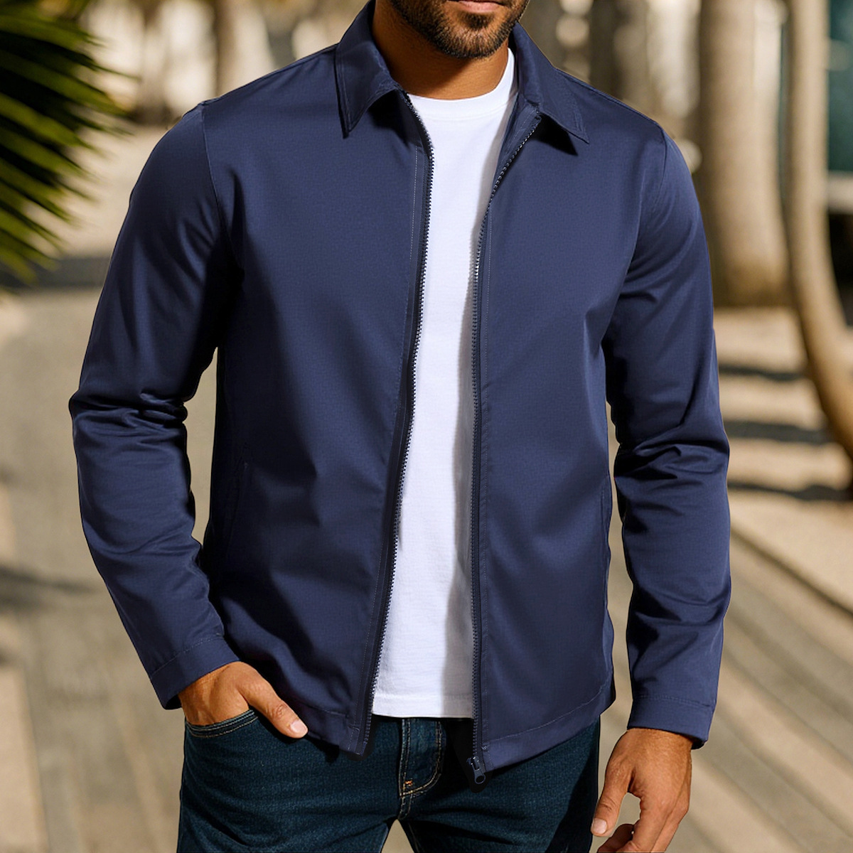 Men's Raglan Sleeve Denim Jacket With Zipper And Windproof Design_voghion.com