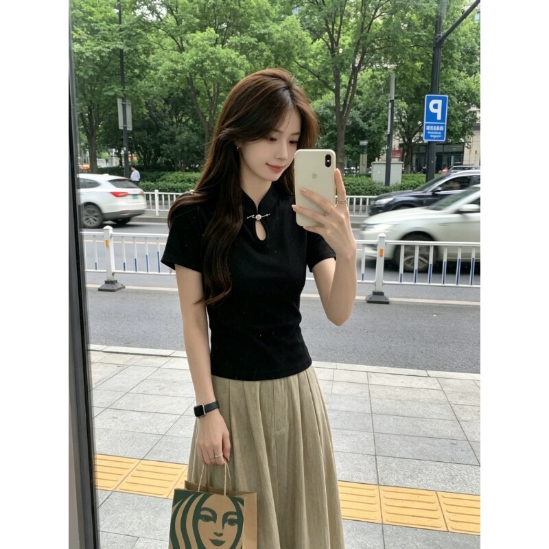 Wholesale Summer 210g 1X1 Cotton Ribbed New Chinese Style Buttoned Cheongsam Shirt National Style Short-Sleeve T-Shirt Women's Top Wholesale Summer 210g 1X1 Cotton Ribbed New Chinese Style Buttoned Cheongsam Shirt National Style Short-Sleeve T-Shirt Women's Top