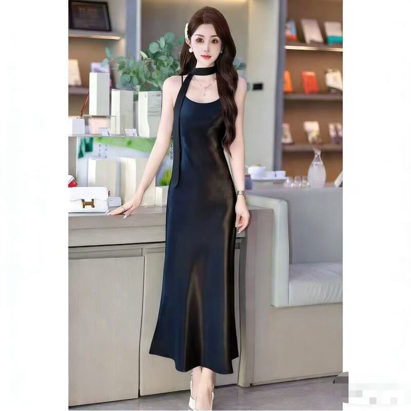 Double-Sided Acetate Gold-Embellished Satin Black Spaghetti Strap Dress for Women, New Summer Style, Ankle-Length Design Double-Sided Acetate Gold-Embellished Satin Black Spaghetti Strap Dress for Women, New Summer Style, Ankle-Length Design