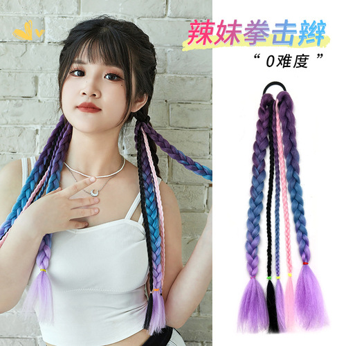 Wig Braided Girl High Ponytail Sweet Cool Girl Natural Highlighted Twist Braid Internet Celebrity Double Ponytail Boxing Braid Wig