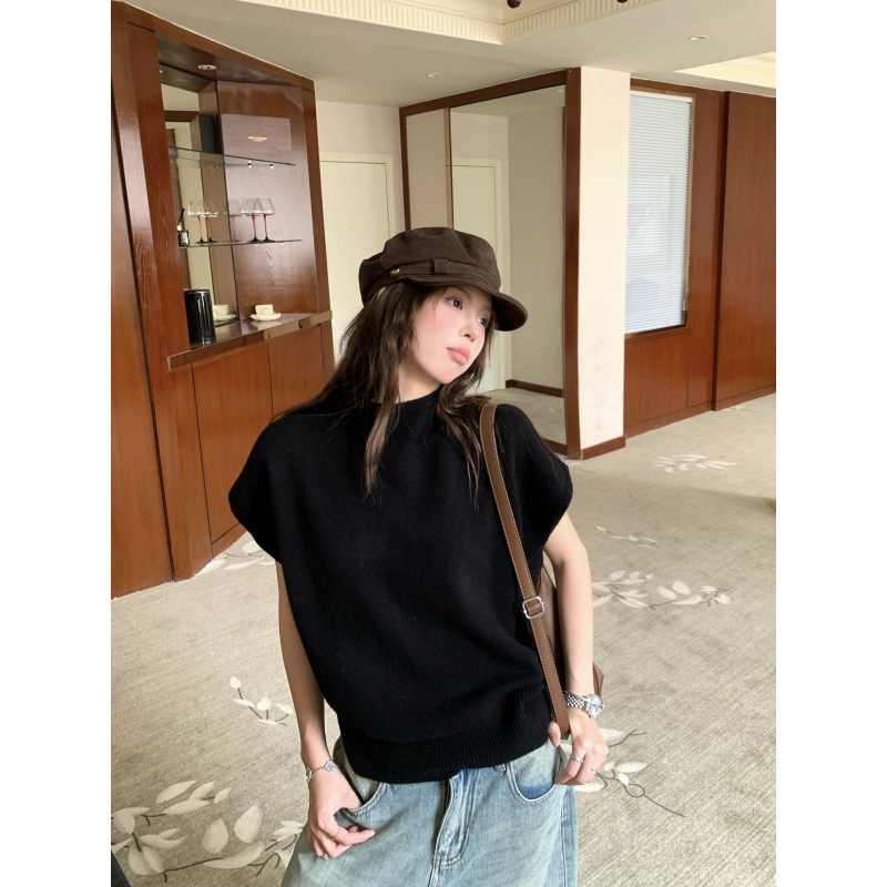 韩系辣妹叠穿短袖半高领休闲针织上衣修身褶皱长袖打底两件套女|undefined