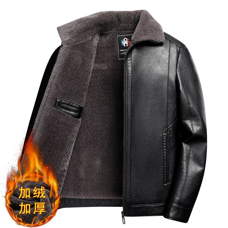 秋冬男士中年爸爸夹克皮衣加绒外套休闲棉服中老年人棉袄冬季棉衣