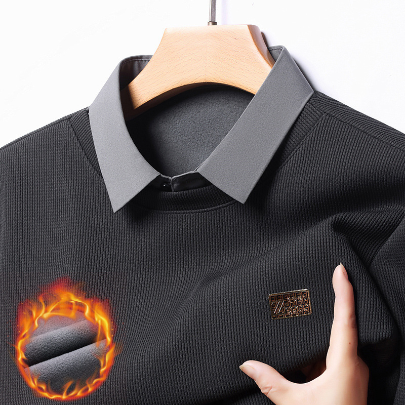 好看便宜冬季新款男士加绒假两件衬衣领简约时尚百搭保暖打底毛衣