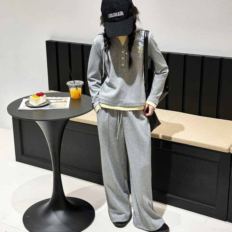 跨境女童套装秋新款2025儿童秋装运动大童时髦假两件卫衣休闲卫裤|undefined