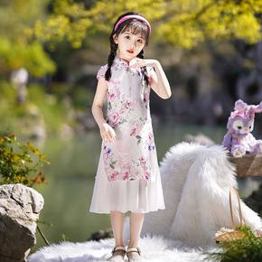 Improved cheongsam hanfu girls summer with thin skirt girl western style Chinese wind children dress tide