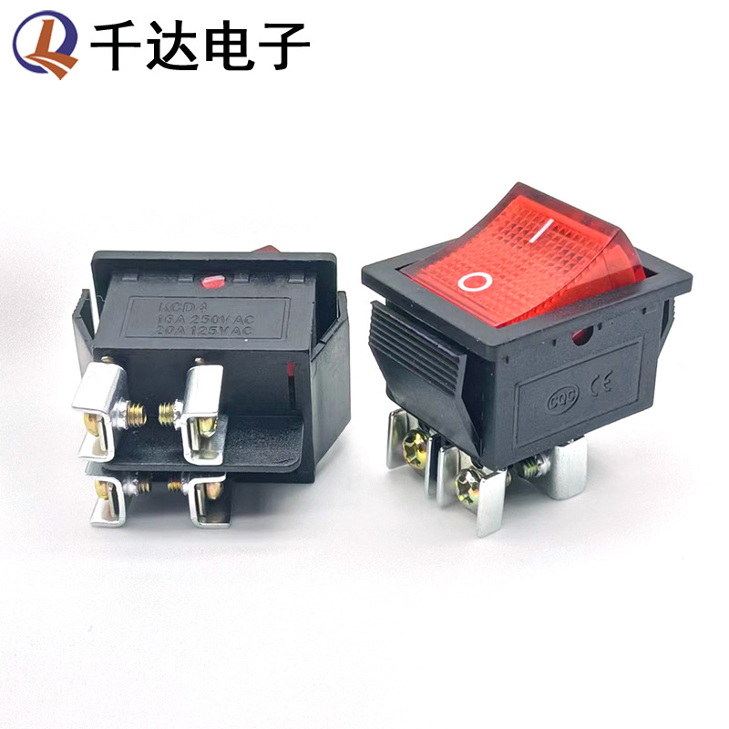 KCD4船型开关 2档4脚螺丝脚带灯翘板电源开关16A250VAC