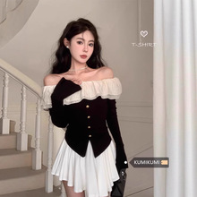 早秋冬薄款一字肩长袖打底针织衫上衣设计感小众不规则毛衣女内搭