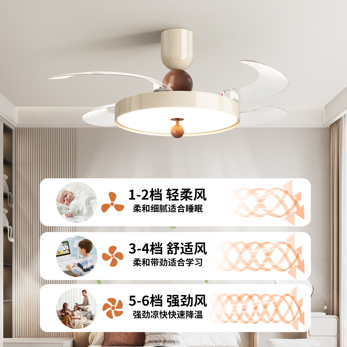 Lámpara de techo con ventilador silencioso 412L de hierro y PVC para sala de estar y dormitorio