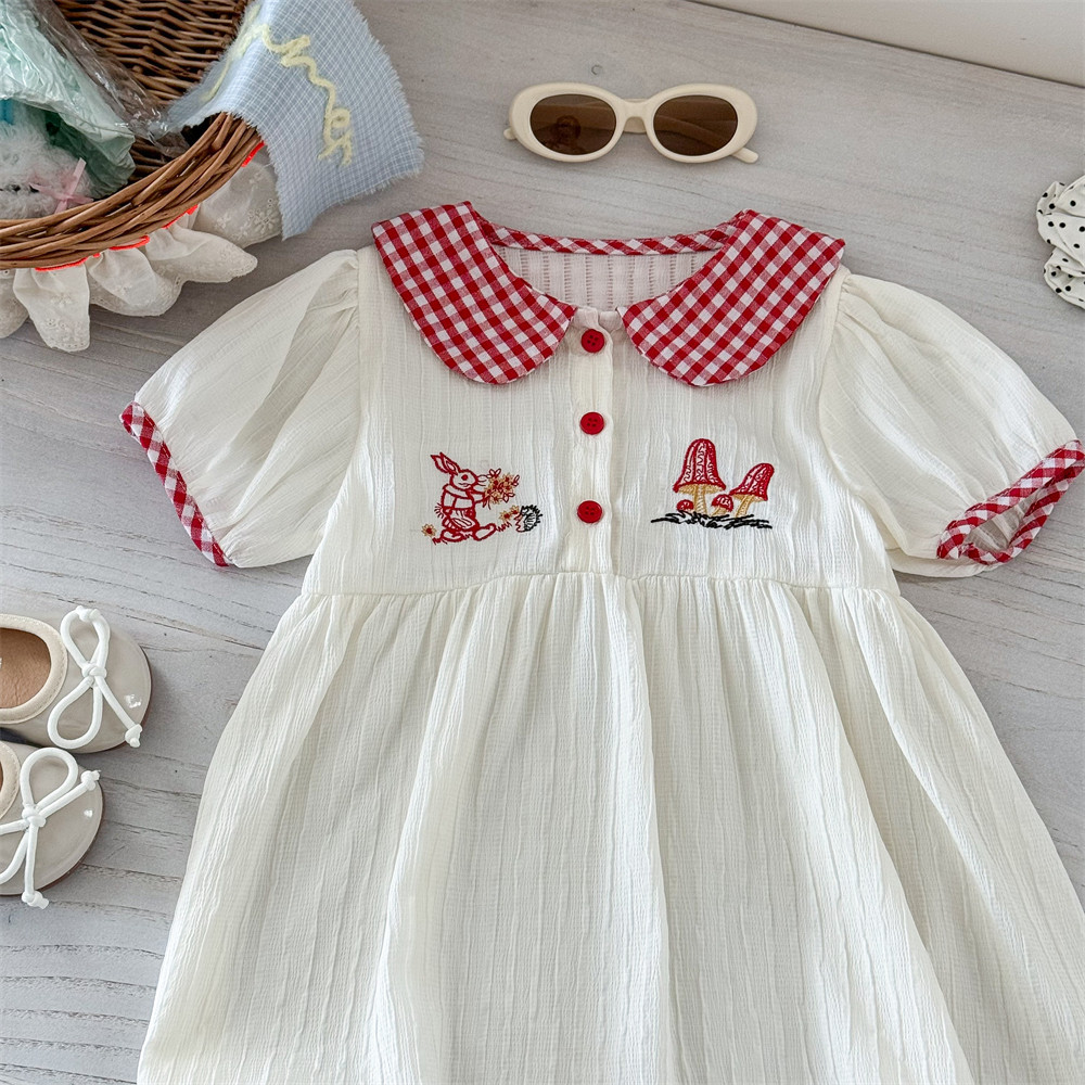 Vestido de siete niñas de limón salado nuevo verano niña bebé vestido de verano coreano con cuello de muñeca bordado falda de manga corta de conejito
