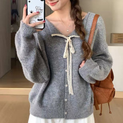 秋冬韩系新款系带蕾丝翻领毛衣女外套女纯色百搭软糯针织开衫上衣