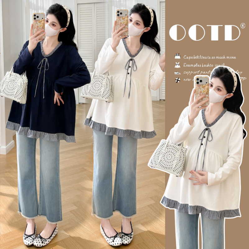 Maternity wear 2026 new autumn and winter fashion versatile high-end loose-fitting maternity babydoll knit top for women