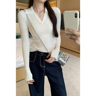Discount Korean-style Slim-fit Slimming V-neck Long-sleeved Design Wool Knit Base Top
