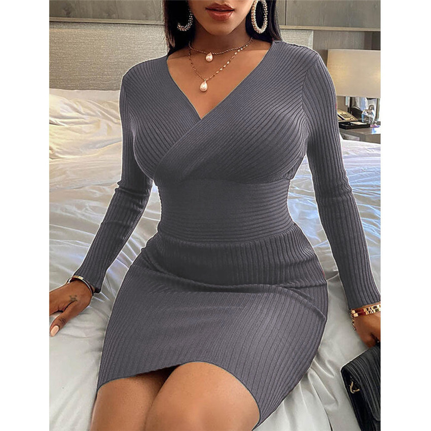 Sexy Long-Sleeved Threaded V-Neck Package Hip Dress NSYHY106890