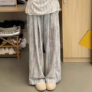 扎染镂空休闲阔腿裤女春夏薄款大码胖mm高腰宽松显瘦冰丝凉凉裤子