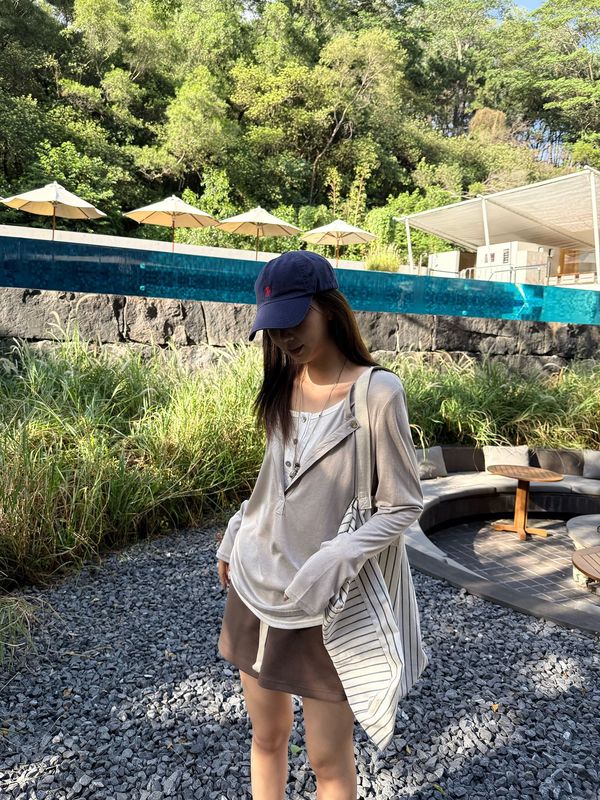 灰色假两件v领防晒罩衫长袖t恤女夏季薄款慵懒松弛感显瘦上衣体恤|undefined