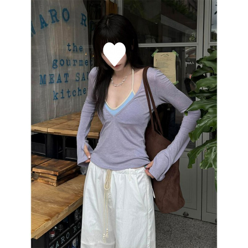 气质辣妹风大领口设计感紫色T恤女2025新款修身显瘦百搭长袖上衣|undefined