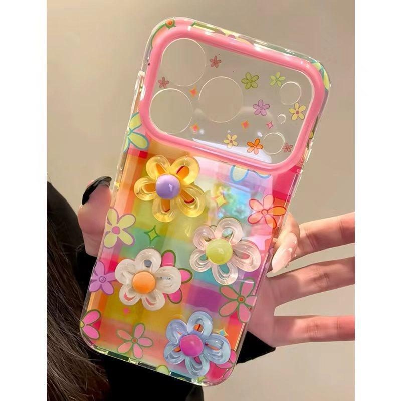 Sweet Girl Rainbow Grid 3D Flower Phone Case Suitable for iPhone 17 Pro Apple 16 Full Cover Anti-Fall Protective Case