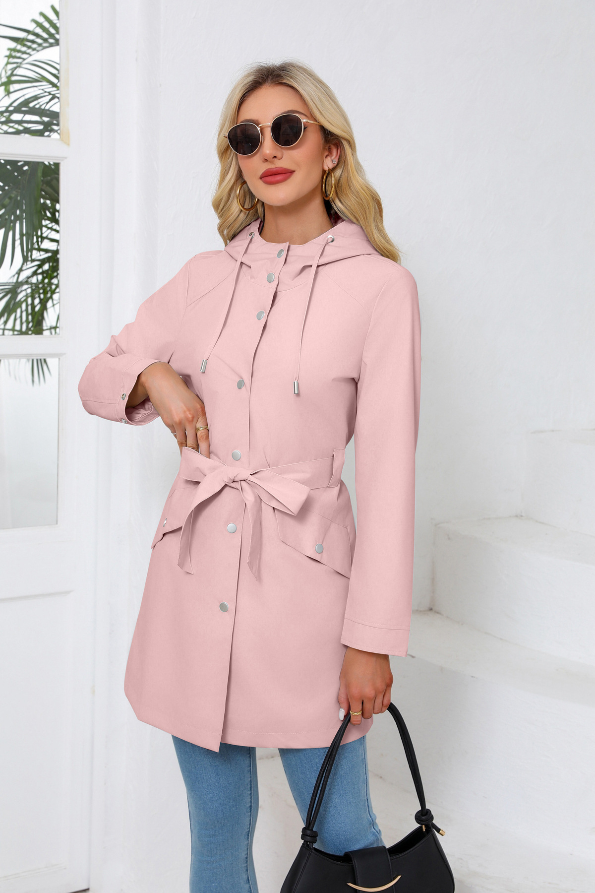 Women's Clothing Spring and Autumn Hooded Water Repellent Jacket with Belt Thin Casual Loose Windbreaker _voghion.com