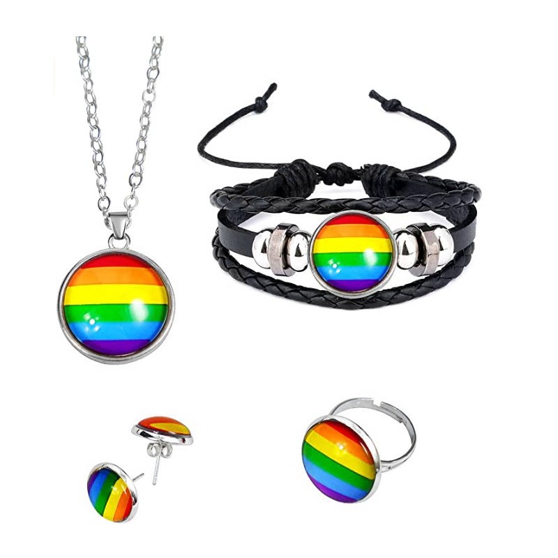 Rainbow Jewelry Set Time Gem Necklace Cowhide Bracelet Ring Earring Accessories Set 