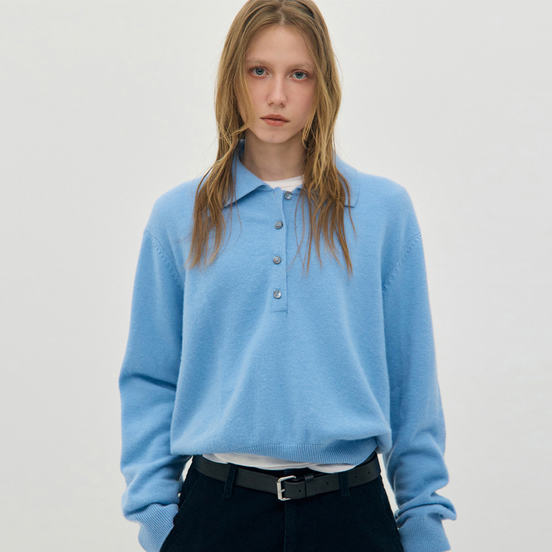 In-Stock Low Classic Wool Sweater for Women, New Autumn and Winter Style, High-End Feel, Polo Collar, Loose Fit, Slimming Knitwear