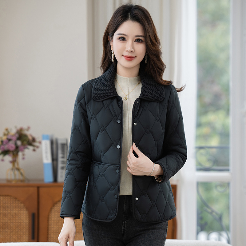 纯色翻领中年棉衣羽绒棉服外套女秋冬新款妈妈女士轻薄小棉袄短款|undefined