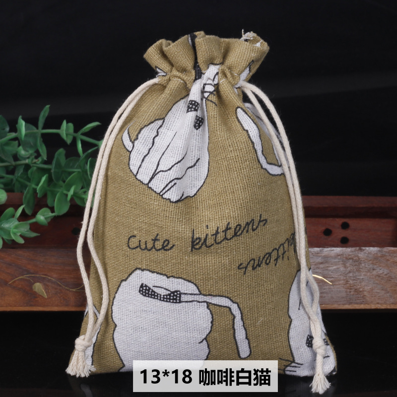 Ventas calientes de impresión de paquetes de cuerda de dibujo bolsas de impresión logotipo de lino bolsa de tela para el medio ambiente bolsa de almacenamiento de artículos 13 * 18
