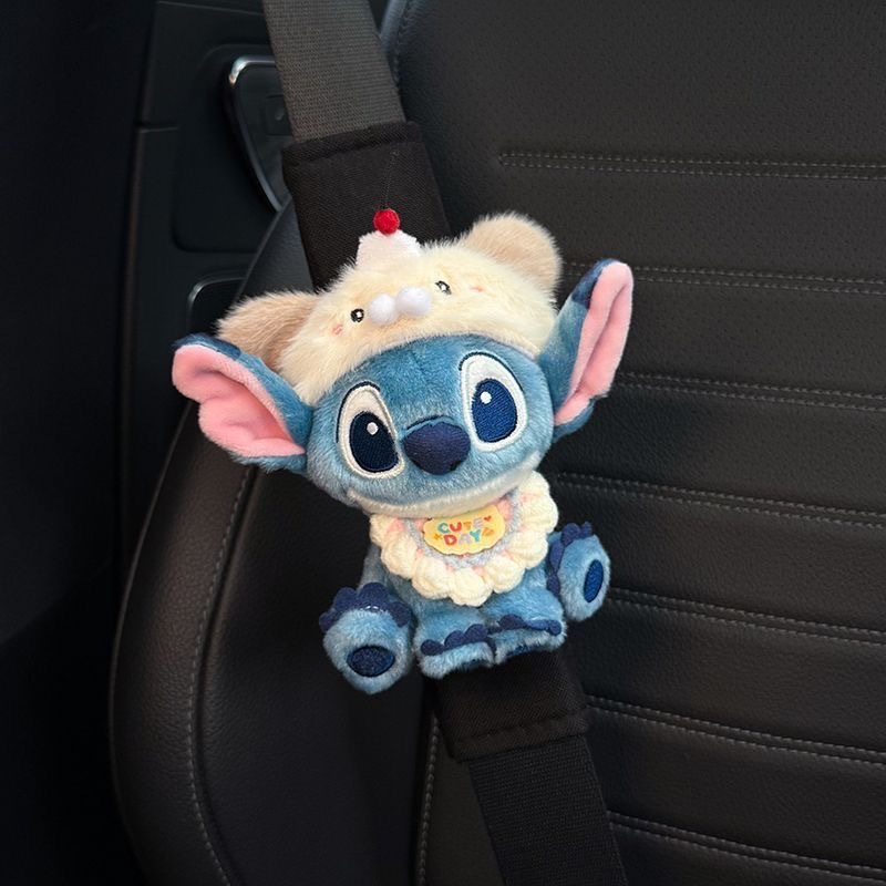 Cute Stitch car seatbelt shoulder pads, a pair of couple car decorations, plush dolls with a high-end feel for women
