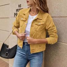 2025秋冬新款跨境欧美女装时尚翻领口袋单排扣短款牛仔夹克外套女