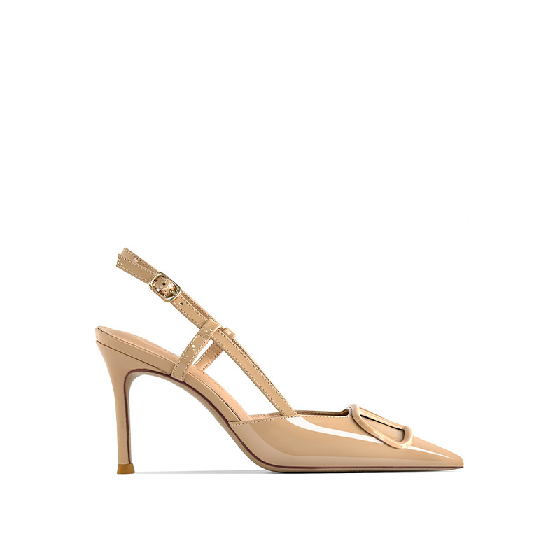 [in Stock] 2026 Spring/Summer New Patent Leather Nude V-Strap High Heels Women's Stiletto French Style Sexy Closed-Toe Sandals