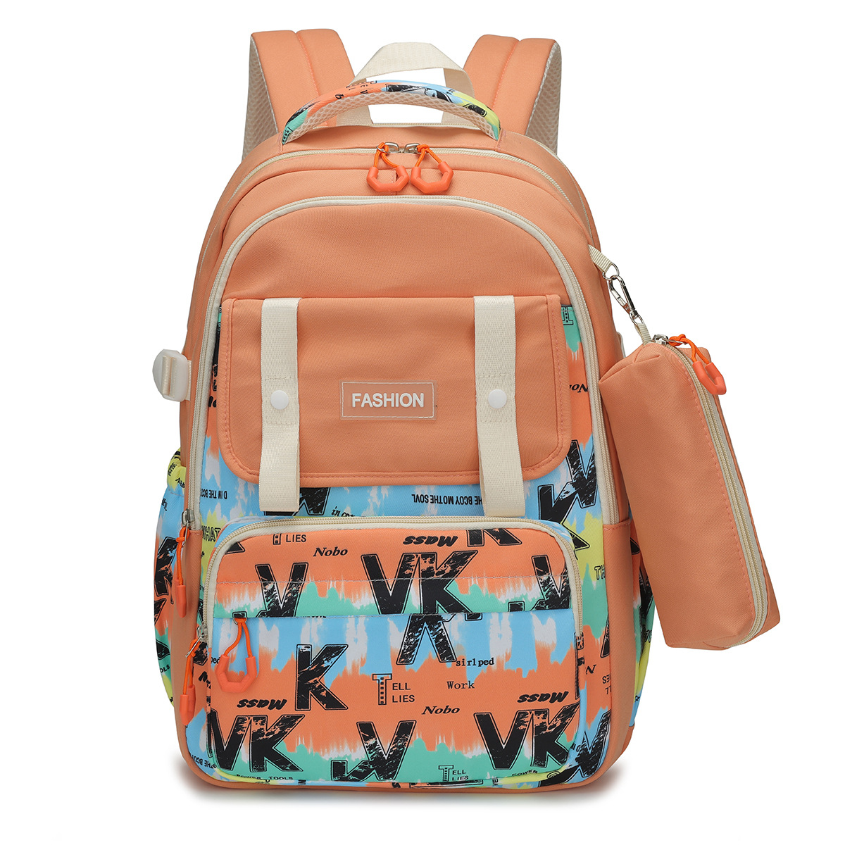 2024 nueva mochila casual de gran capacidad, mochila escolar impresa de todo fósforo de moda, mochila para estudiantes universitarios de secundaria y preparatoria al por mayor