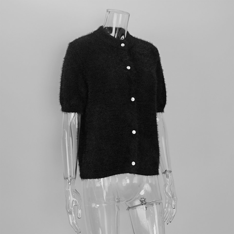 Áo cardigan dệt kim tay ngắn cổ bán cao ôm dáng phong cách retro — Màu hồng, Màu hồng cánh sen, Màu trắng, Màu tím chi tiết 69