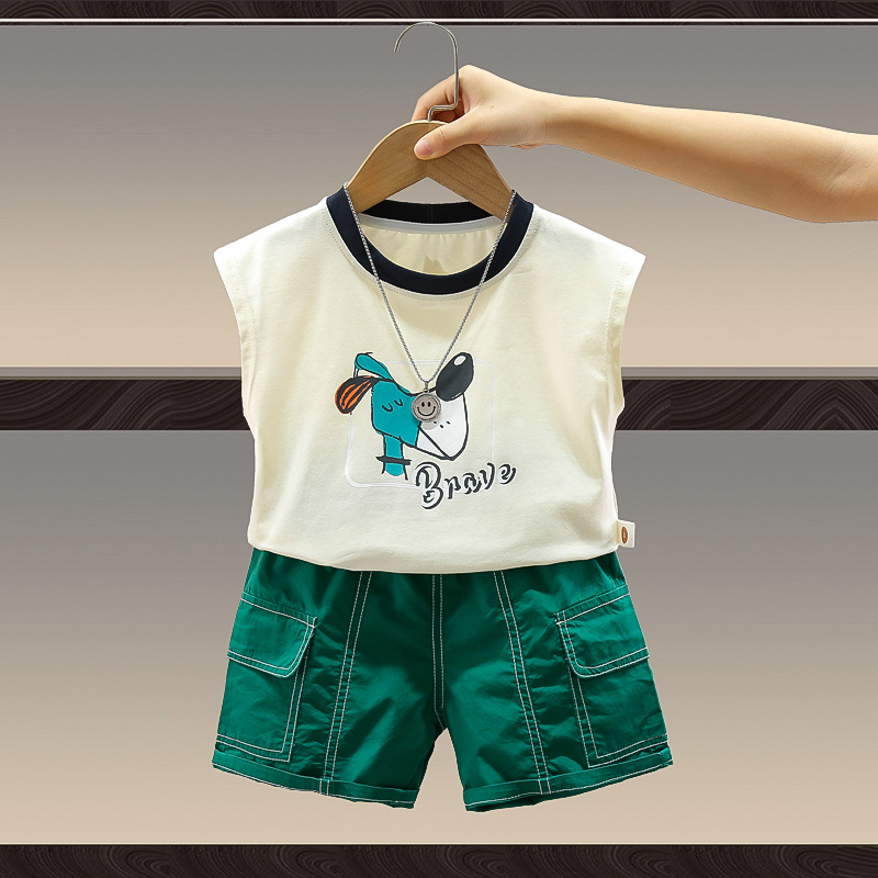 7922 traje de chaleco de verano para niños 2025 nuevo estilo ropa de dibujos animados para niños chaleco sin mangas de dos piezas de moda