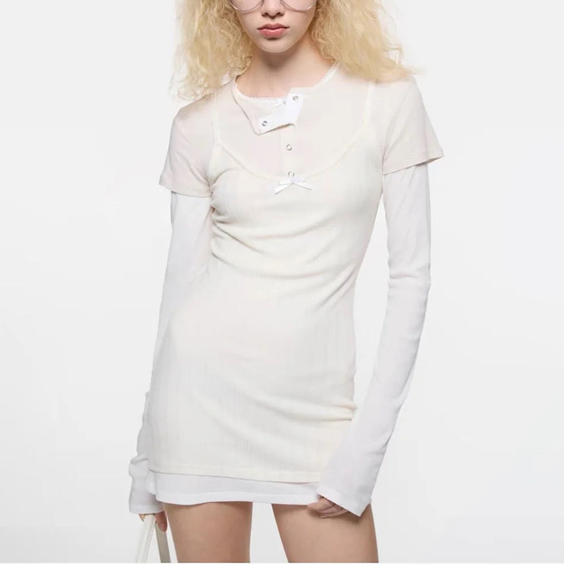 2026 Summer New Niche Solid Color Round Neck Faux Two-Piece Bow Strap Spliced Long Sleeve Dress 2026 Summer New Niche Solid Color Round Neck Faux Two-Piece Bow Strap Spliced Long Sleeve Dress