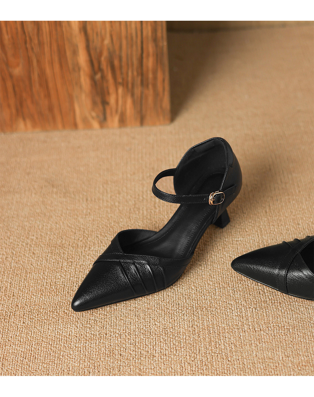 Giày sandal cao gót nữ quai ngang mũi nhọn da cừu gót 5,5 cm — đen chi tiết 22