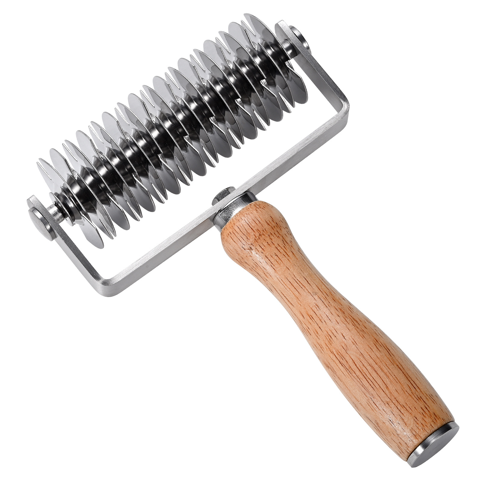 Cuchillo de rodillo de malla de arrastre de pizza con mango de madera de goma (con caja blanca)