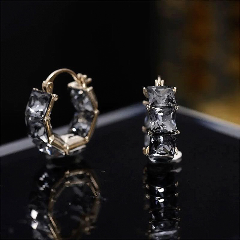 High-End Gray Black Square Zircon Earrings for Women, Accessible Luxury Niche Design, Fashionable Elegant Earrings 2025 New Style