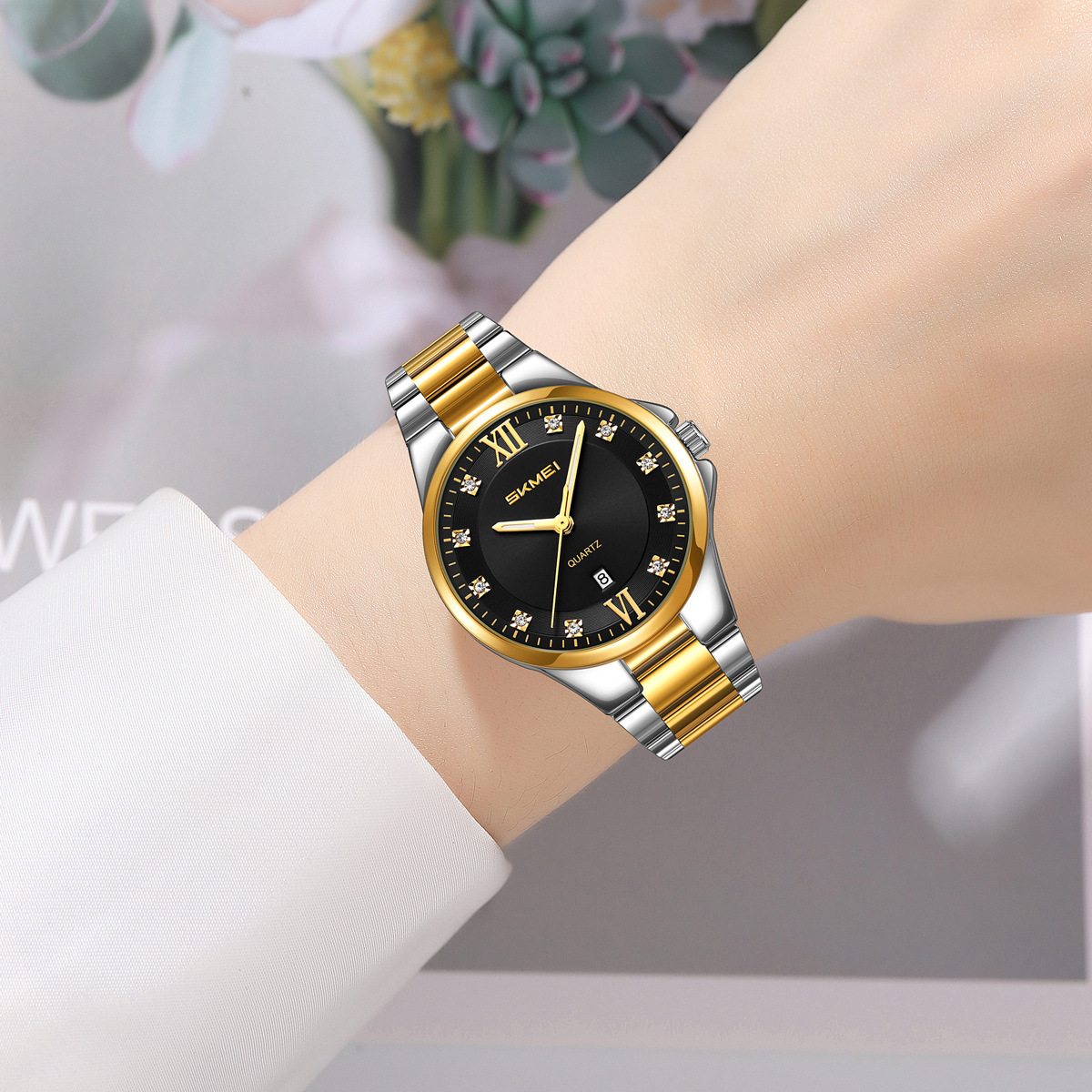 Momento Meimei oro diamantes damas reloj de cuarzo 30 metros calendario impermeable reloj de negocios mujer fuente de fábrica transfronteriza al por mayor