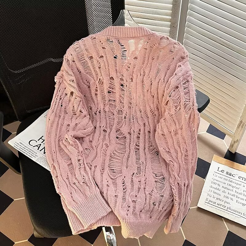 Übergroßer, lässiger Strickpullover für Herren mit einzigartigem Cut-Out-Design. Lockere Passform, lange Ärmel, bequemer Pullover für den Alltag (mehrere Farben)_voghion.com