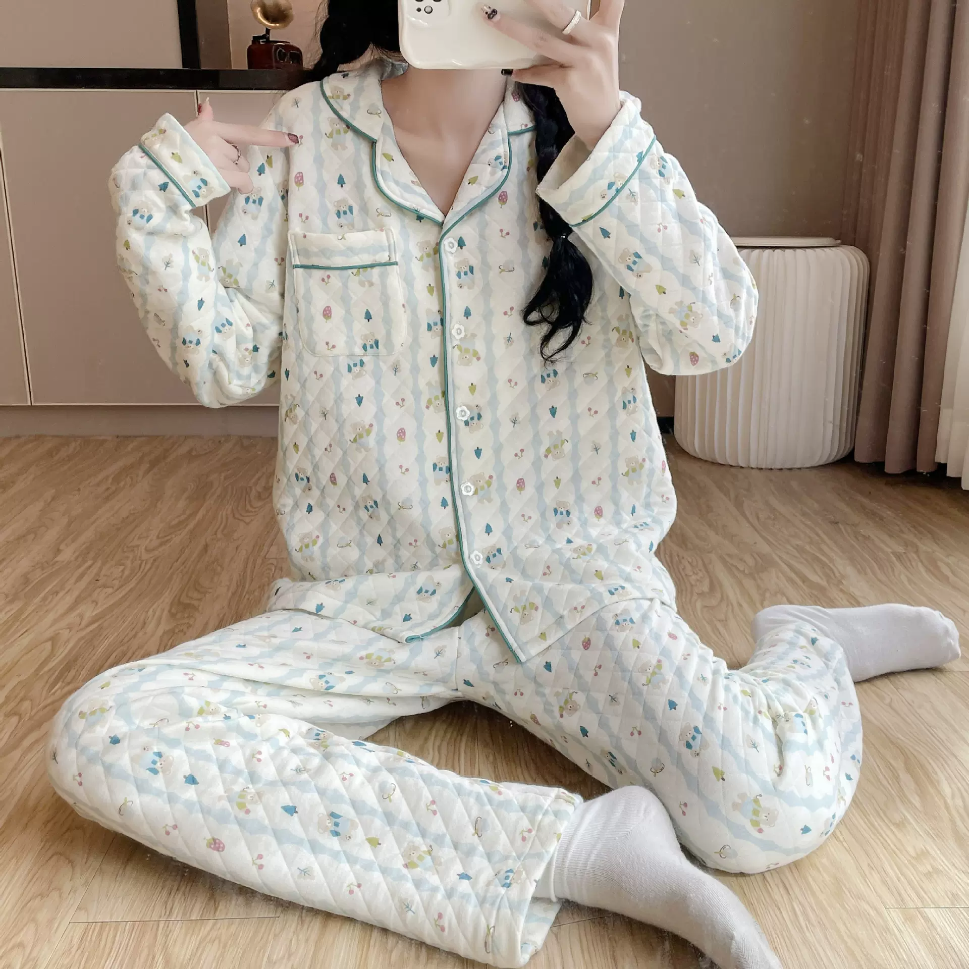 秋冬女纯棉三层空气棉夹层长袖睡衣全棉保暖甜美家居服套装睡衣