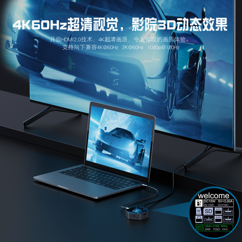 拓展塢typec智能顯示屏4K60hdmi八合一多口集分線器PD充USB擴展器
