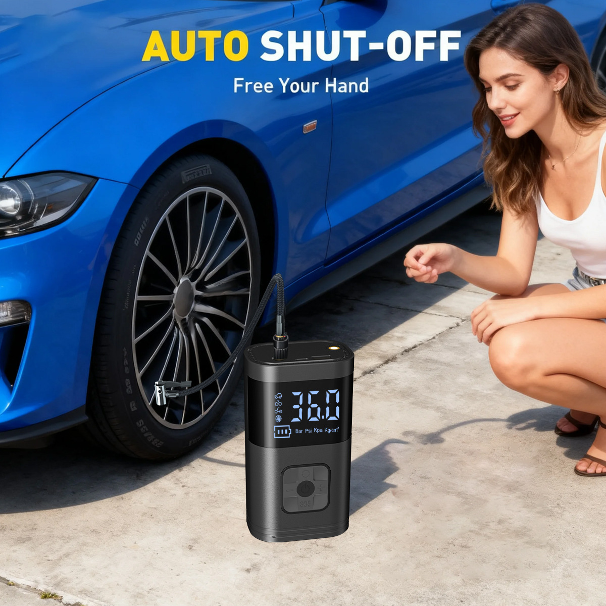 Digital display portable car tire inflator, vehicle-mounted emergency inflating and starting all-in-one machine, multifunctional inflator