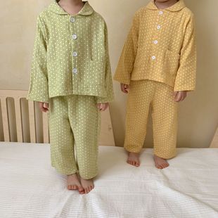 Children's Korean-style Pajamas Baby's Spring and Autumn Pure Cotton Gauze Polo Dot Boys' Long-sleeved suit Boys' and Girls' Home Clothes