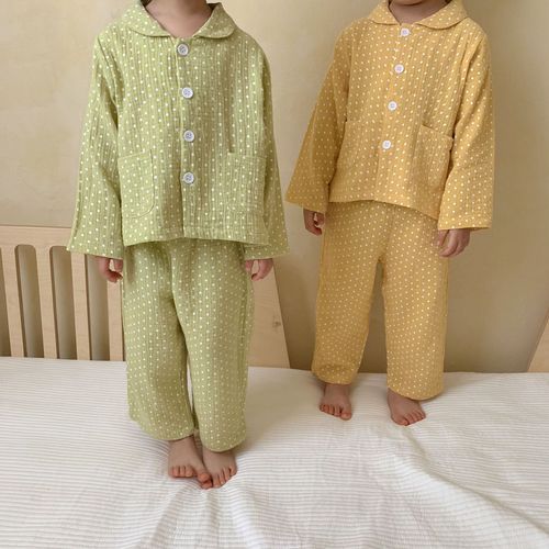 Children's Korean pajamas baby spring and autumn pure cotton gauze polka dot boys long-sleeved suit boys and girls home clothes