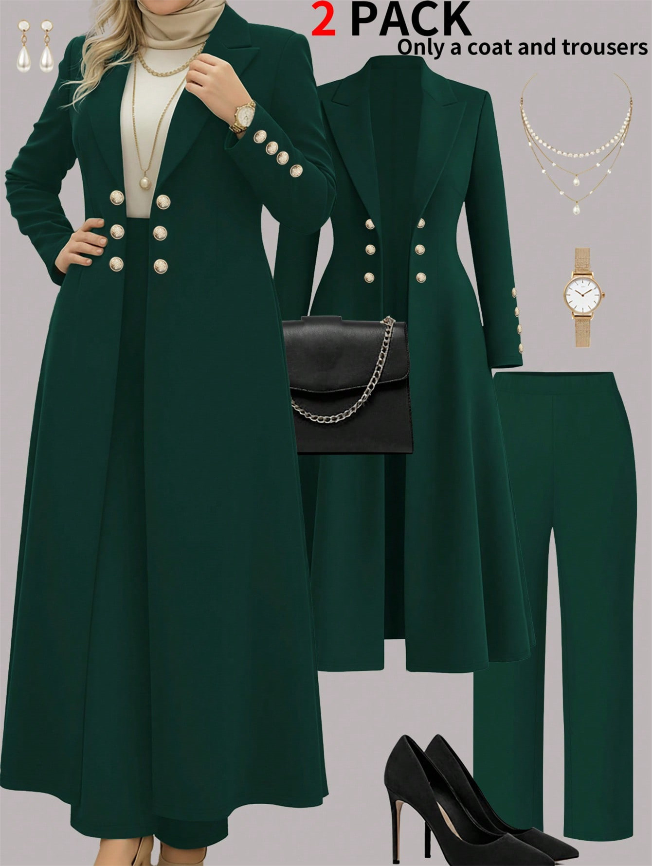Plus Size Elegant Retro Style Suit Coat Casual Straight Leg Trousers Waist Cinching Long Coat Set_ecoleips.com
