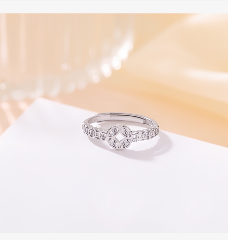Nhẫn bạc sterling S925 hình đồng xu phong cách Trung Hoa, thiết kế mở điều chỉnh được — Một mảnh chi tiết 3