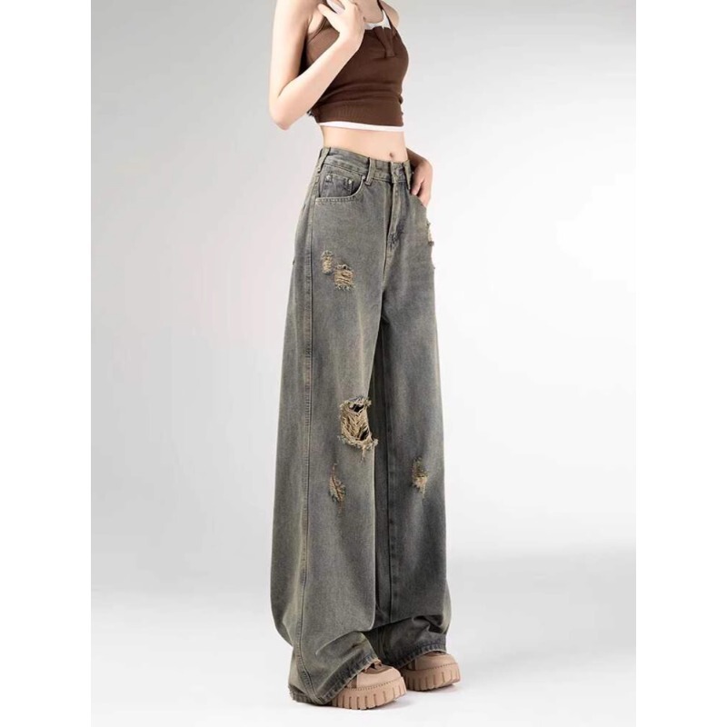 Petite Retro Vintage Ripped Straight-Leg Jeans for Women, Autumn and Winter Design, Versatile Loose High-Waisted Wide-Leg Pants
